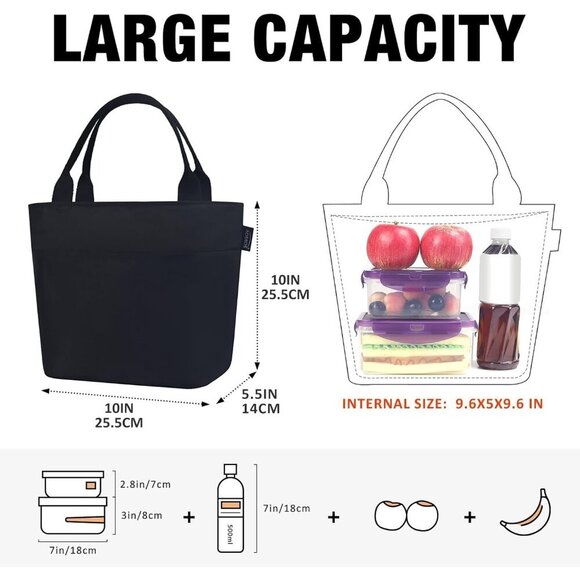 Insulated Lunch Bag for Women, Leakproof Thermal Cooler Tote, 10L Black - Picture 2 of 7